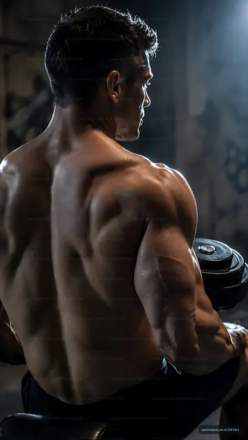 Man lifting weights in gym with strong focus
