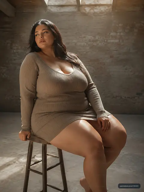 Model posing on a stool in a studio with natural light