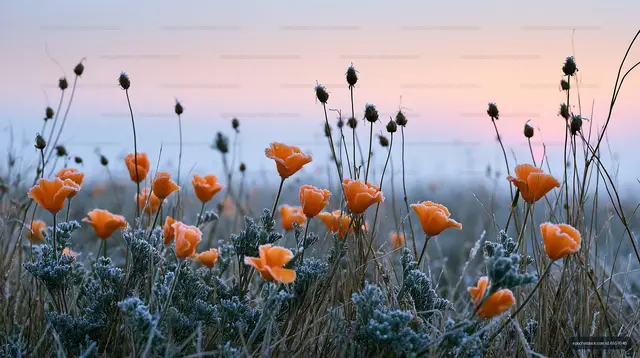 Orange flowers bloom in a field with frost at dawn