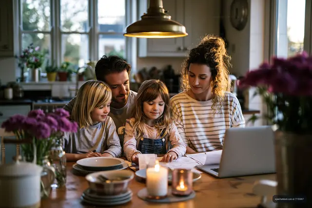 Family spending time together at kitchen table in early evening