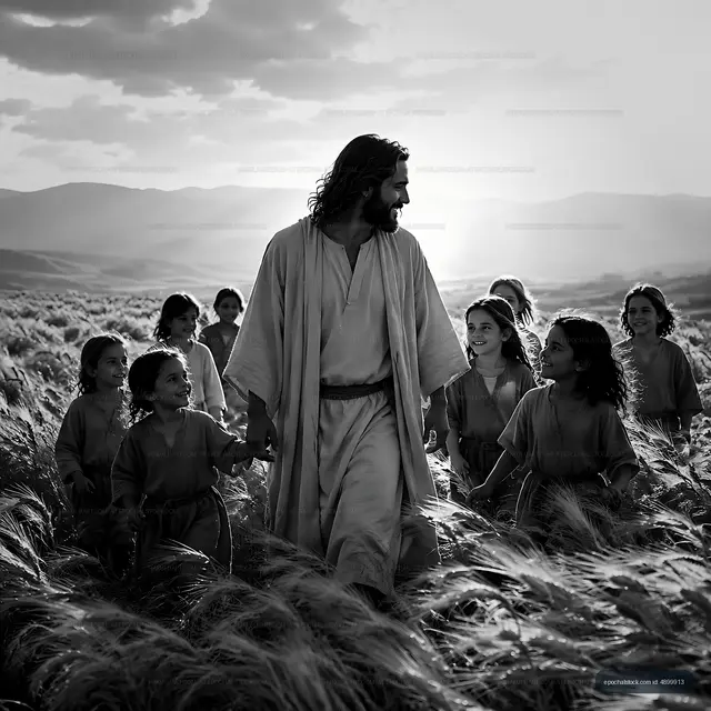 Walking through a field with children in black and white
