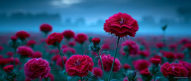 Red flowers grow in a field during twilight hours