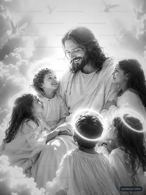 Jesus sitting with children in a cloud setting