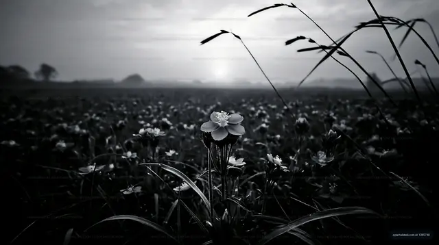 Flowers in a field at sunrise with a foggy sky