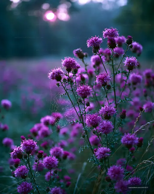 Pink flowers bloom in a field during sunset