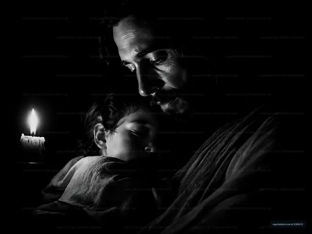 Father and child share a moment near candlelight in darkness