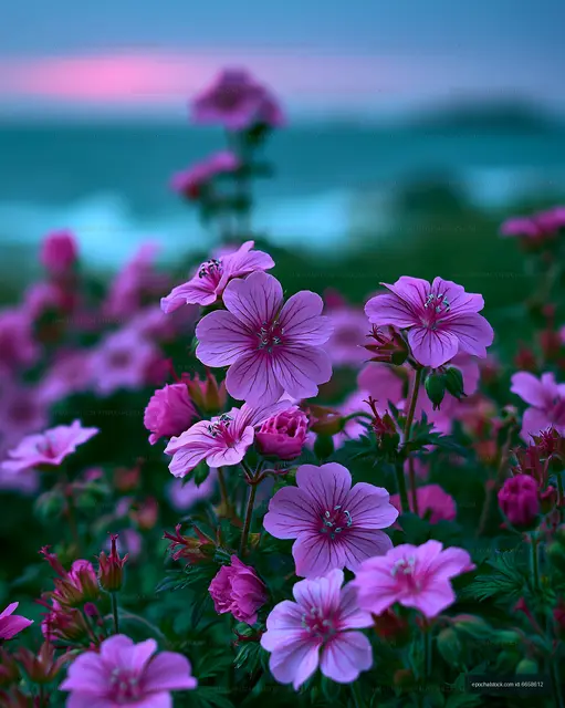 Flowering plants in focus with ocean view at sunset