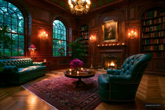Cozy living room with a fireplace and bookshelves