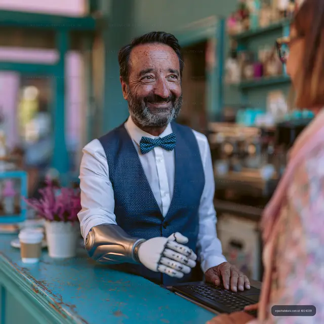 Robot arm barista serving coffee in trendy cafe
