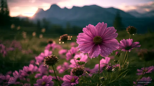Purple flowers in a field during sunset with mountains in background