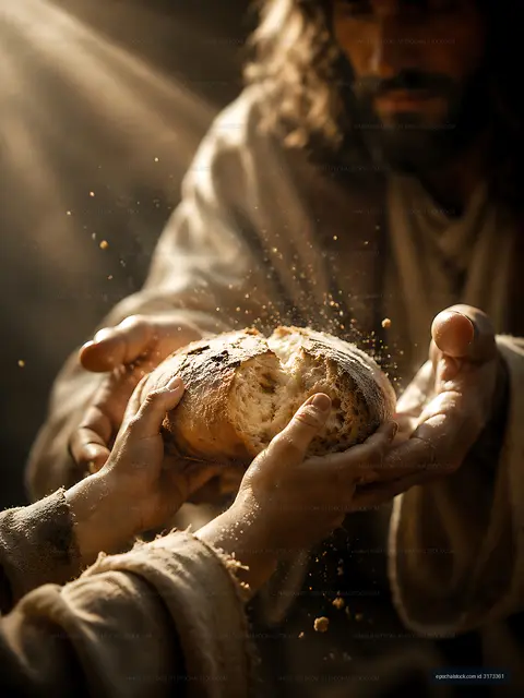 Bread is shared between two hands in a warm light