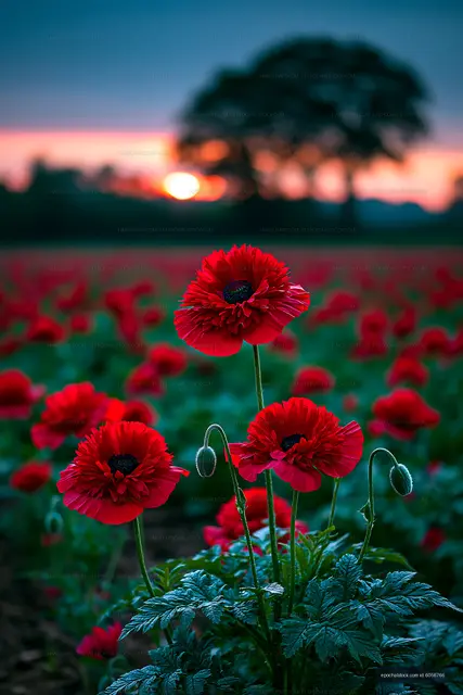 Red poppies bloom in a field at sunset