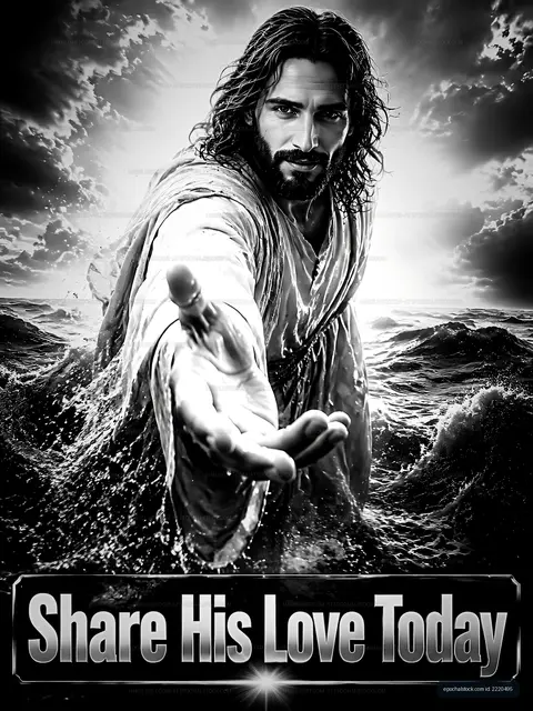 Christian figure reaching out to people in ocean waves