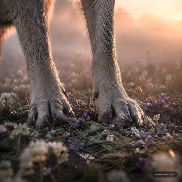 Dog paws on flowers in misty landscape at sunset