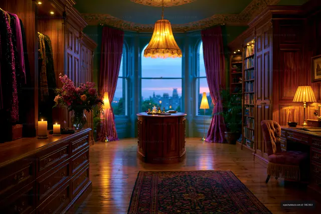 Elegant room with wooden furniture and a view at twilight