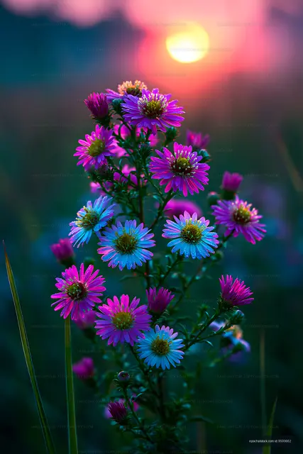 Colorful flowers bloom at sunset in a natural field