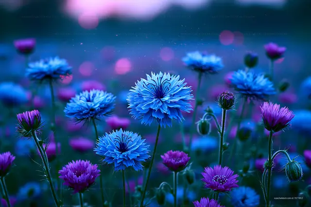 Colorful flowers in a field during dusk