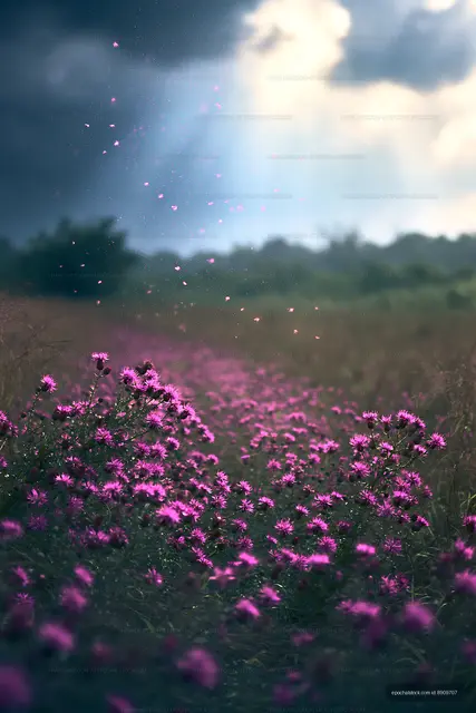 Field of purple flowers under a cloudy sky