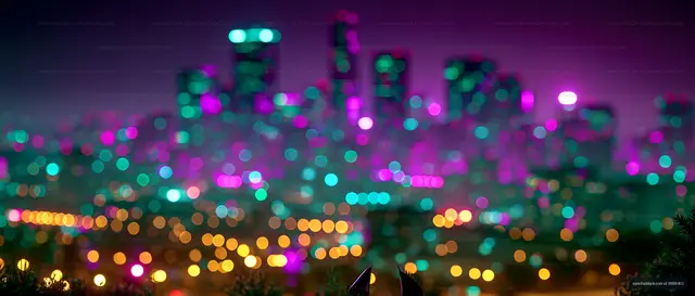 City skyline with colorful lights at night