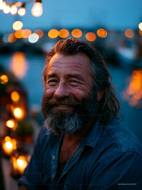 Smiling man with beard at dusk near water with hanging lights