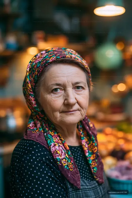 Elderly woman with a headscarf in a rustic kitchen setting