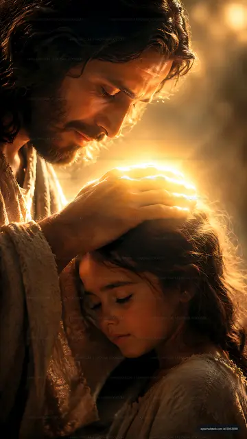 Father blessing daughter with light shining in background