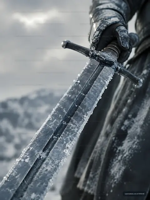 Sword held by a warrior in a snowy landscape
