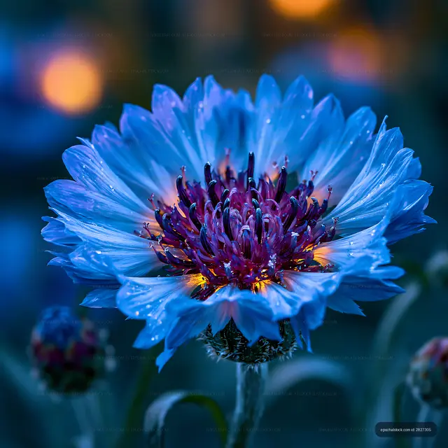 Blue flower with vibrant center in a garden during evening light