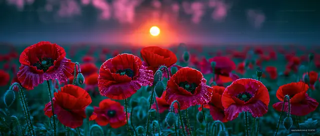 Sunset over a field of red poppies with mist