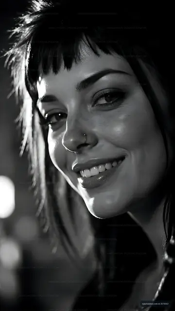 Woman smiling in a dimly lit setting with dark hair