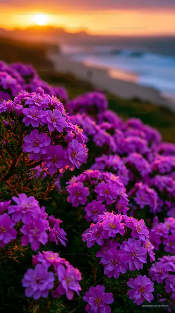 Sunset over purple flowers near the beach