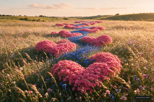 Field with heart-shaped flower patterns at sunset