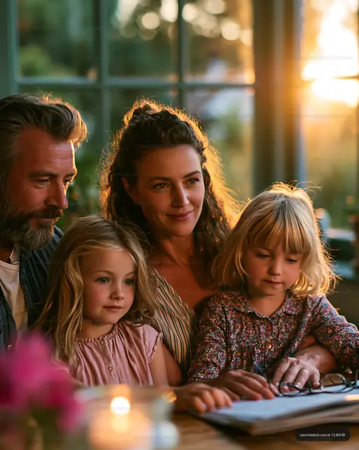 Family enjoying time together in warm evening light