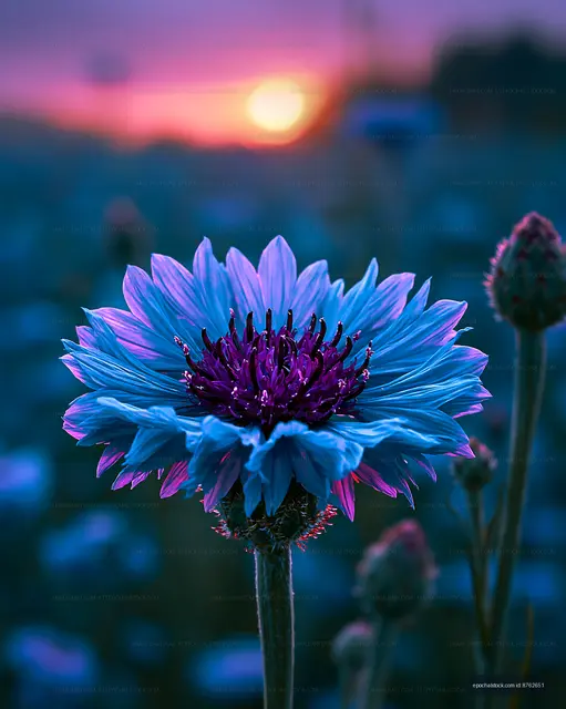 Bright blue flower with purple center at sunset