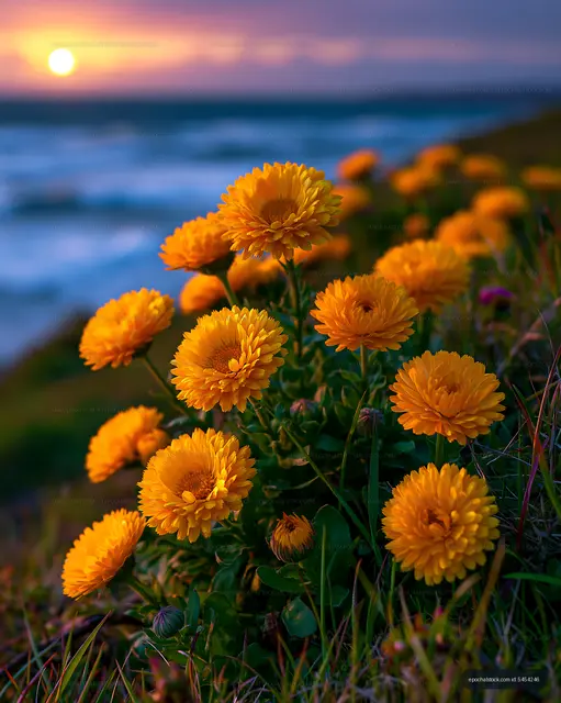 Bright yellow flowers growing on a hill during sunset