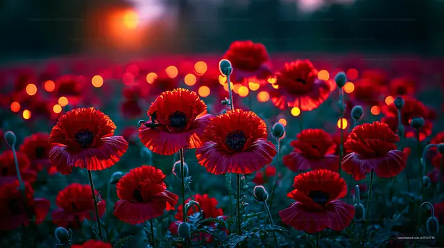Red flowers in a field at sunset with glowing lights