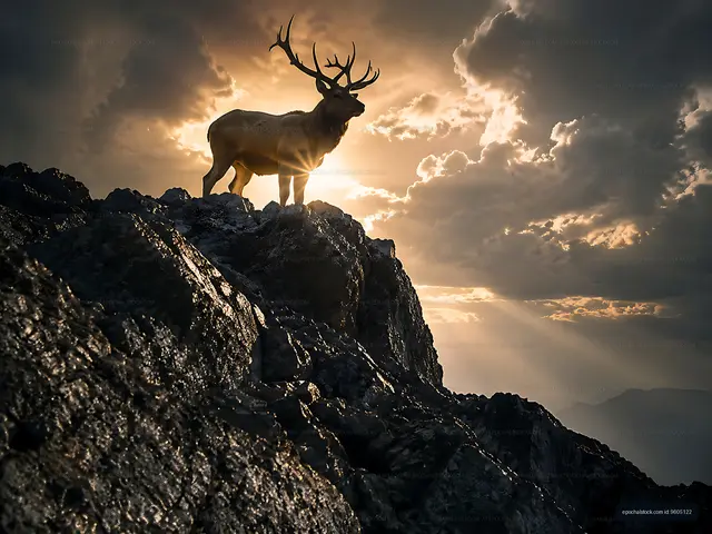 Stag standing on mountain rock at sunset