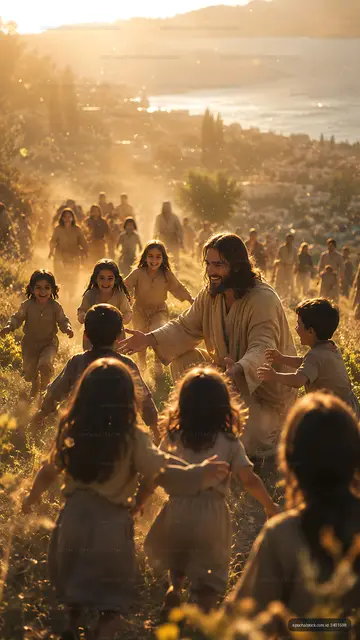 Jesus interacting with children in a sunlit landscape