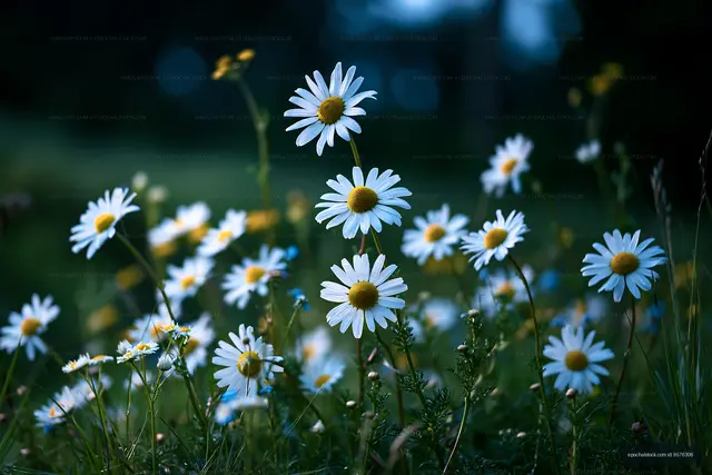 Bright daisies blooming in a wildflower meadow at dusk