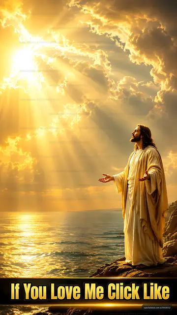 Jesus standing on rocks with arms open under bright sky