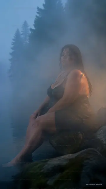 Woman sitting on a rock in misty water environment