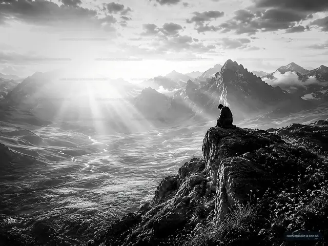 Person sitting on a rock overlooking mountains at sunrise