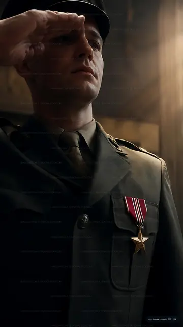 Soldier saluting with medals in dimly lit room
