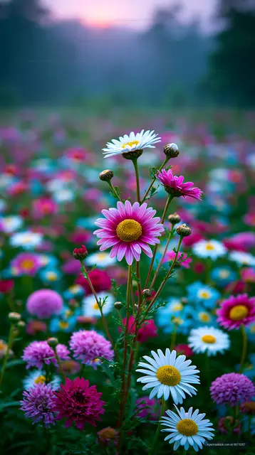 Colorful flowers bloom in a field during sunset