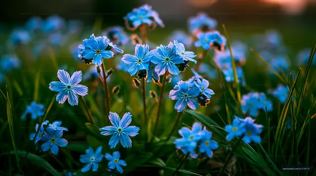 Blooming blue flowers in a green field at sunset