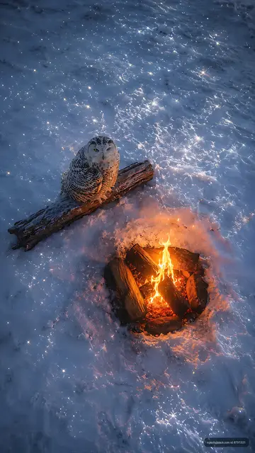 Snowy owl sitting near a campfire on a winter night