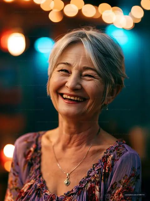 Smiling woman with short hair in colorful setting at evening event