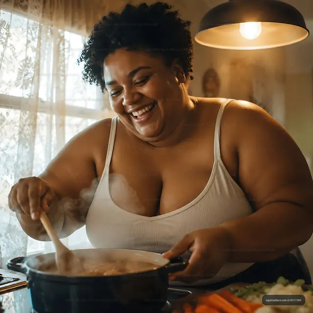 Woman cooking in kitchen with vegetables and pot on stove