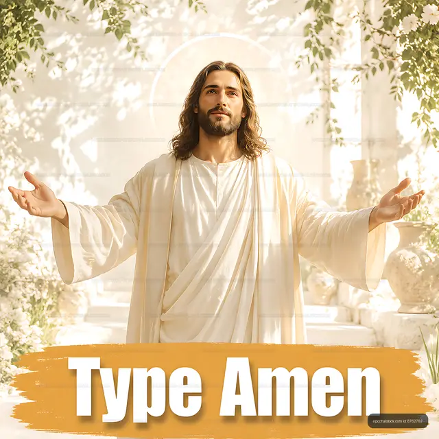 Religious figure with outstretched arms in a bright garden