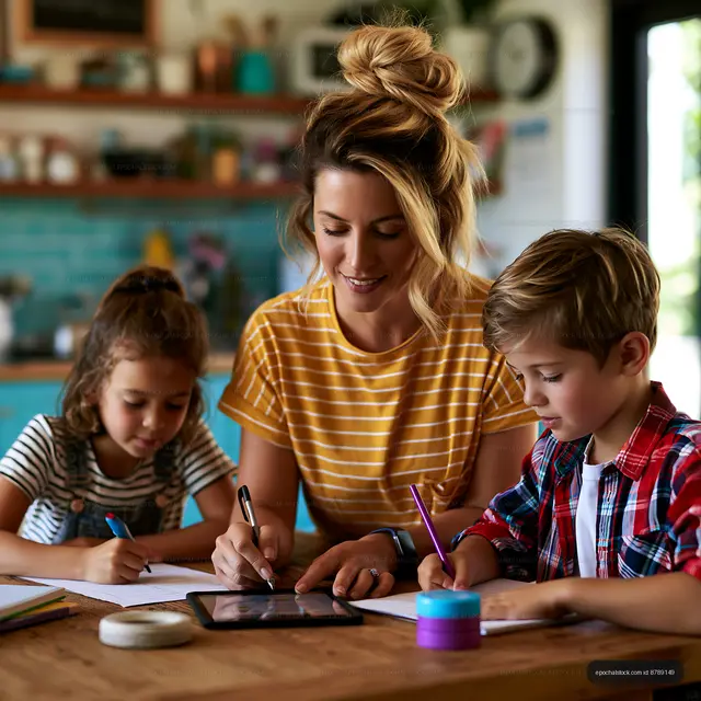 Family spends time together while drawing and using a tablet